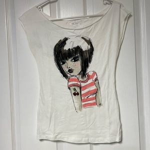 Bebe “The Art of Tee” cherry girl oval neck tee shirt with cherry bling. Size M